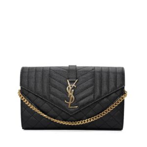 YSL Envelope Triquilt Wallet on Chain in Grained Leather
